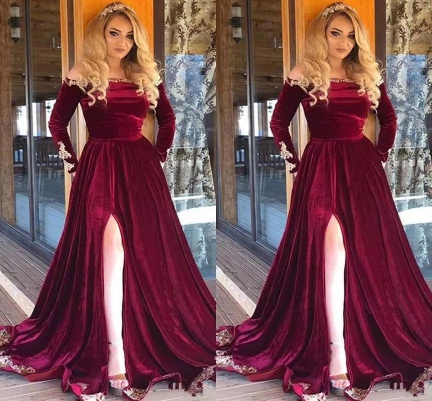 Burgundy Evening Dresses with Full Sleeve Kaftan Velvet Gold Lace Dubai Arabic Off Shoulder Celebrity Gowns High Split