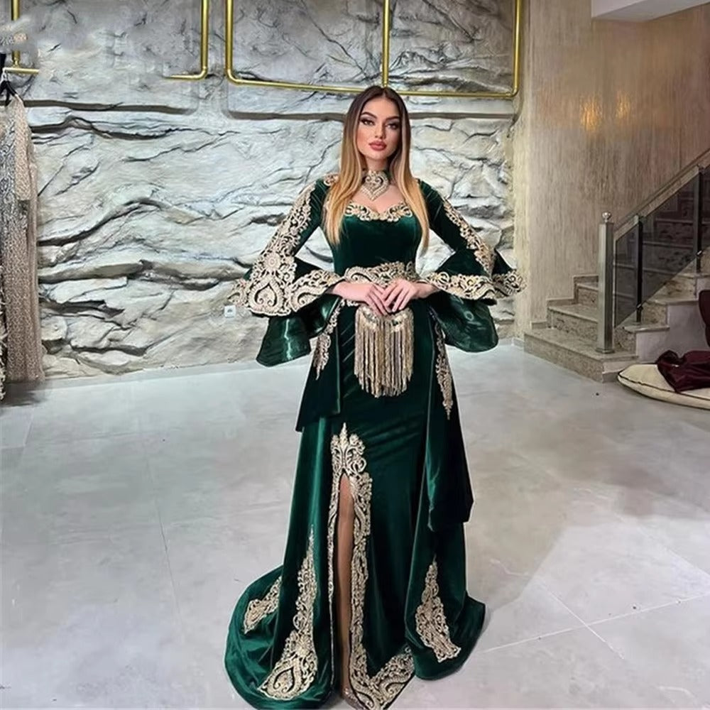 Emerald Green Velvet Mermaid Evening Dresses With Detachable Train Applique Long Sleeves Prom Gowns Kaftan Arabic Women