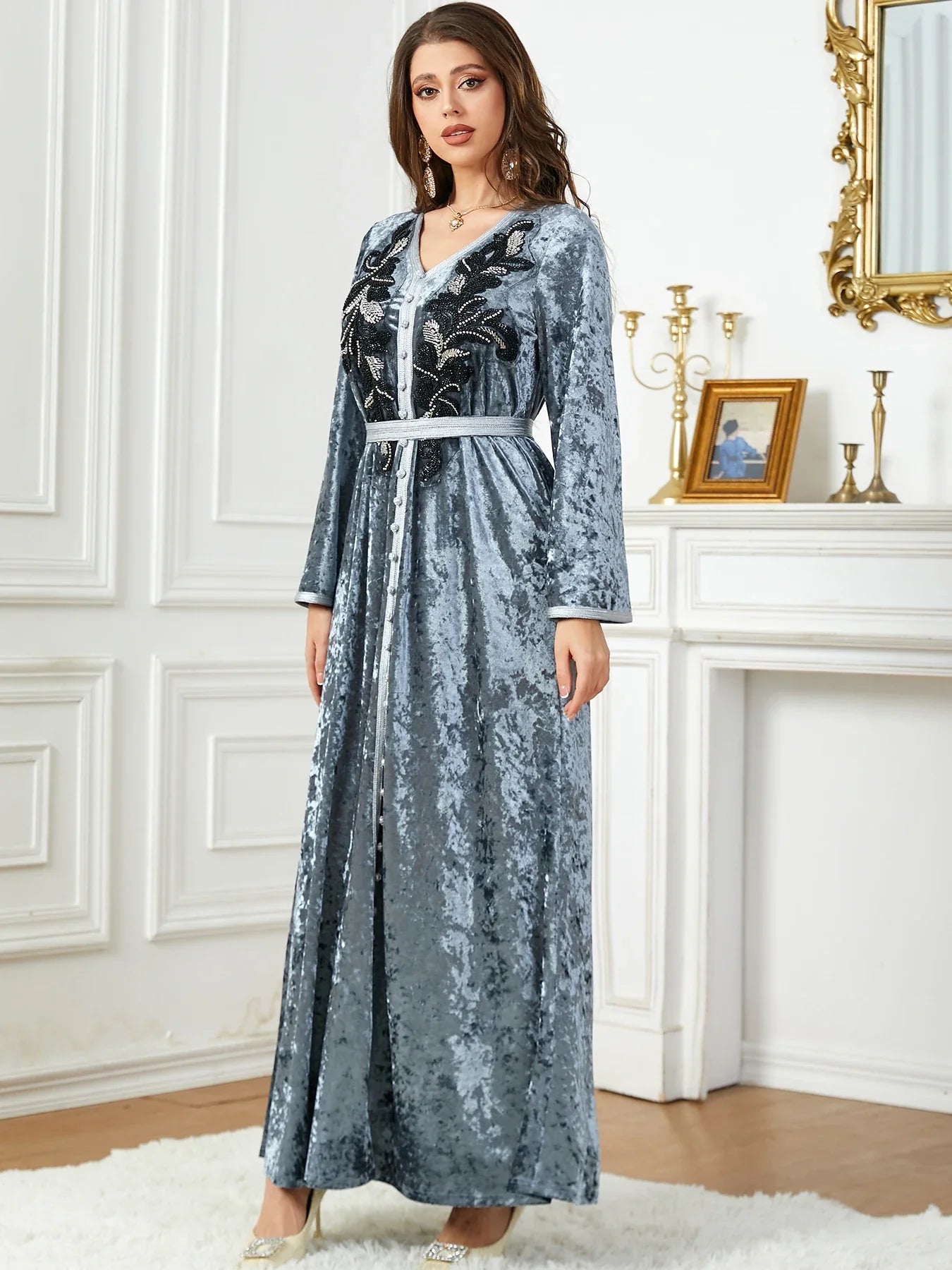 Velour Kaftan Dubai Moroccan Belted Arabic Dress Evening Party Winter Abaya Islamic Clothing Embroidery Appliques Muslim Women