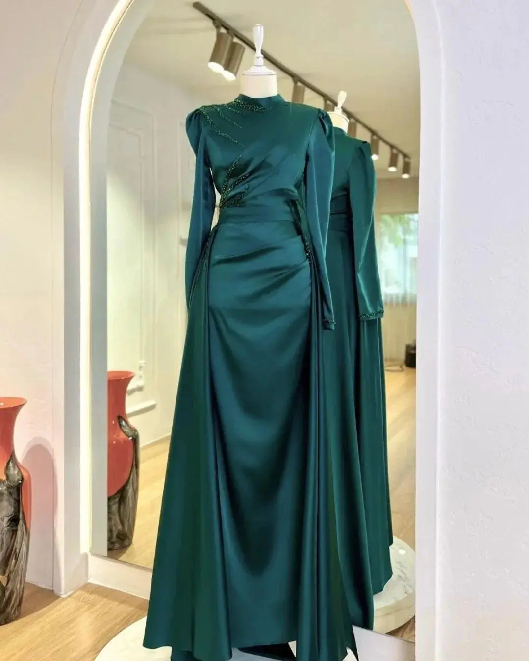 Elegant Muslim Evening Gown Mermaid Long Sleeve Formal Dress High Neck Arabia Dubai Wedding Party Dress Vestidos De Noite Green