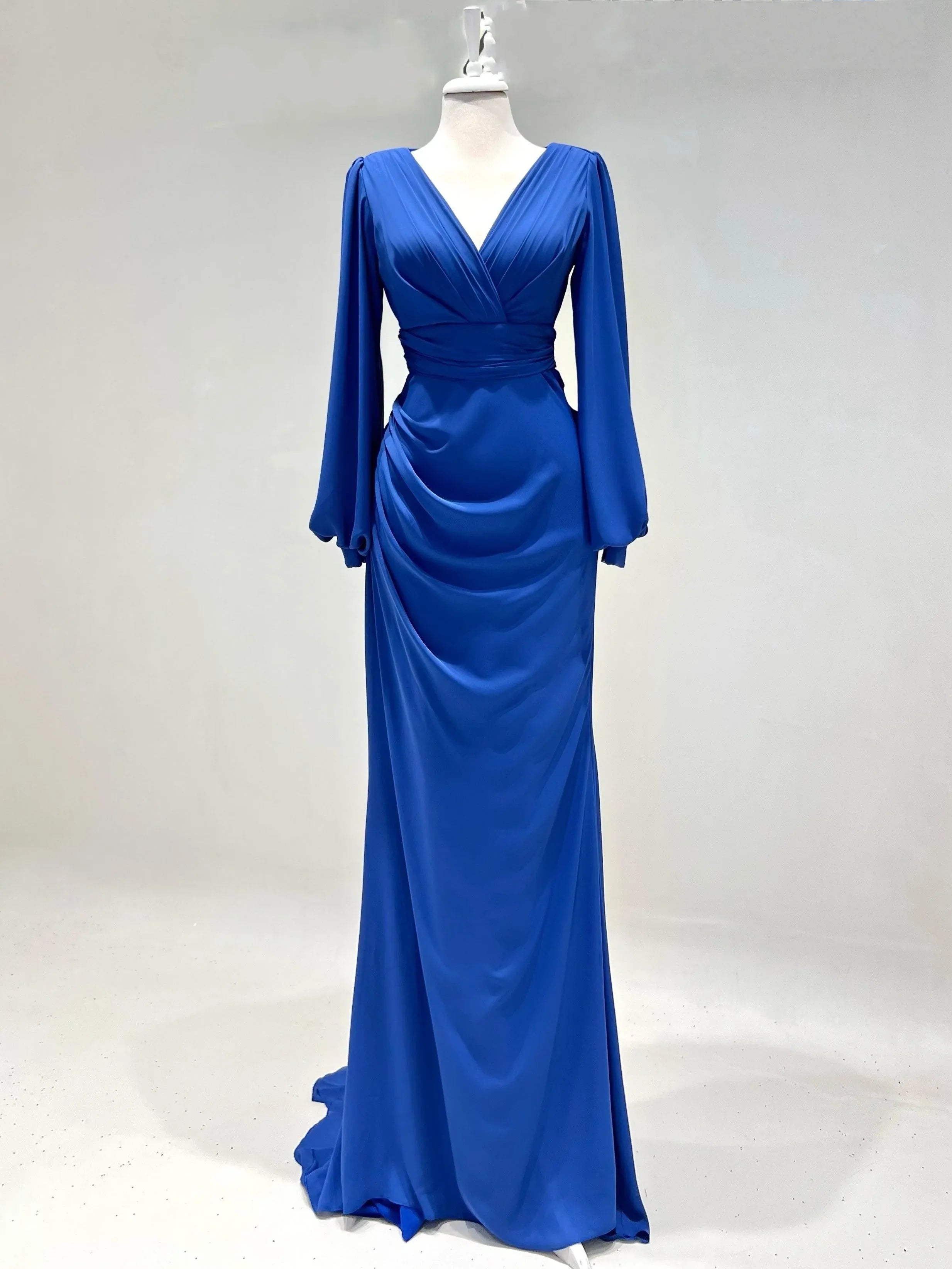 Women Elegant Mermaid V-Neck Muslim Evening Gown Royal Blue Long Sleeves Hijab Formal Occasion Dresses فساتين السهرة Blue