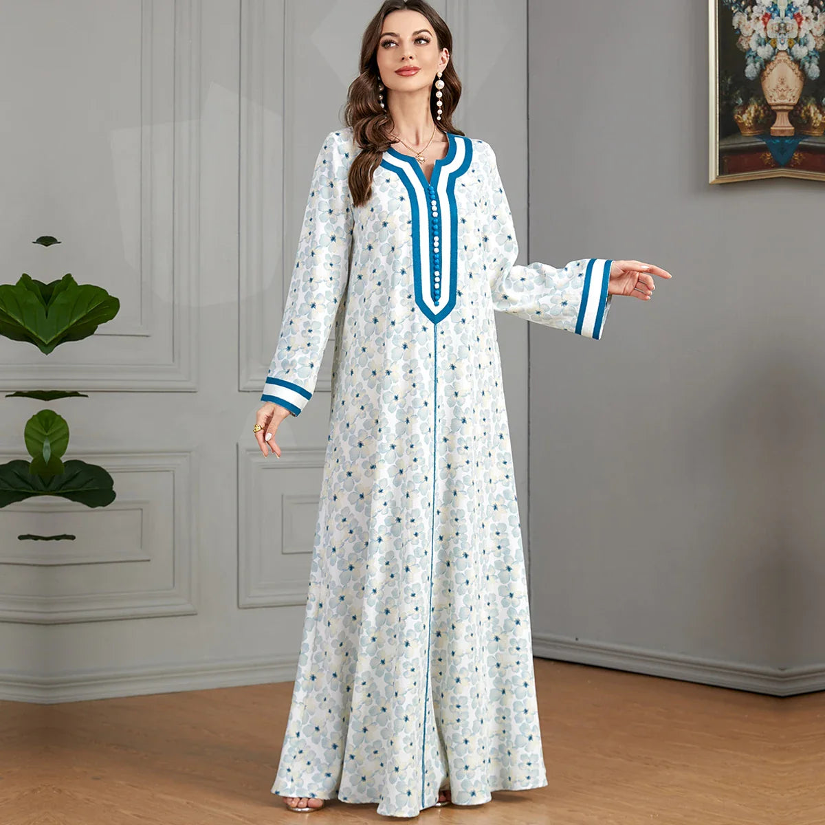 Kaftans for Women Floral Print Contrast Color Jalabiya Dubai Arabian Long Dress Muslim Caftan Party Evening Hijabi Robe Ramadan Light Blue