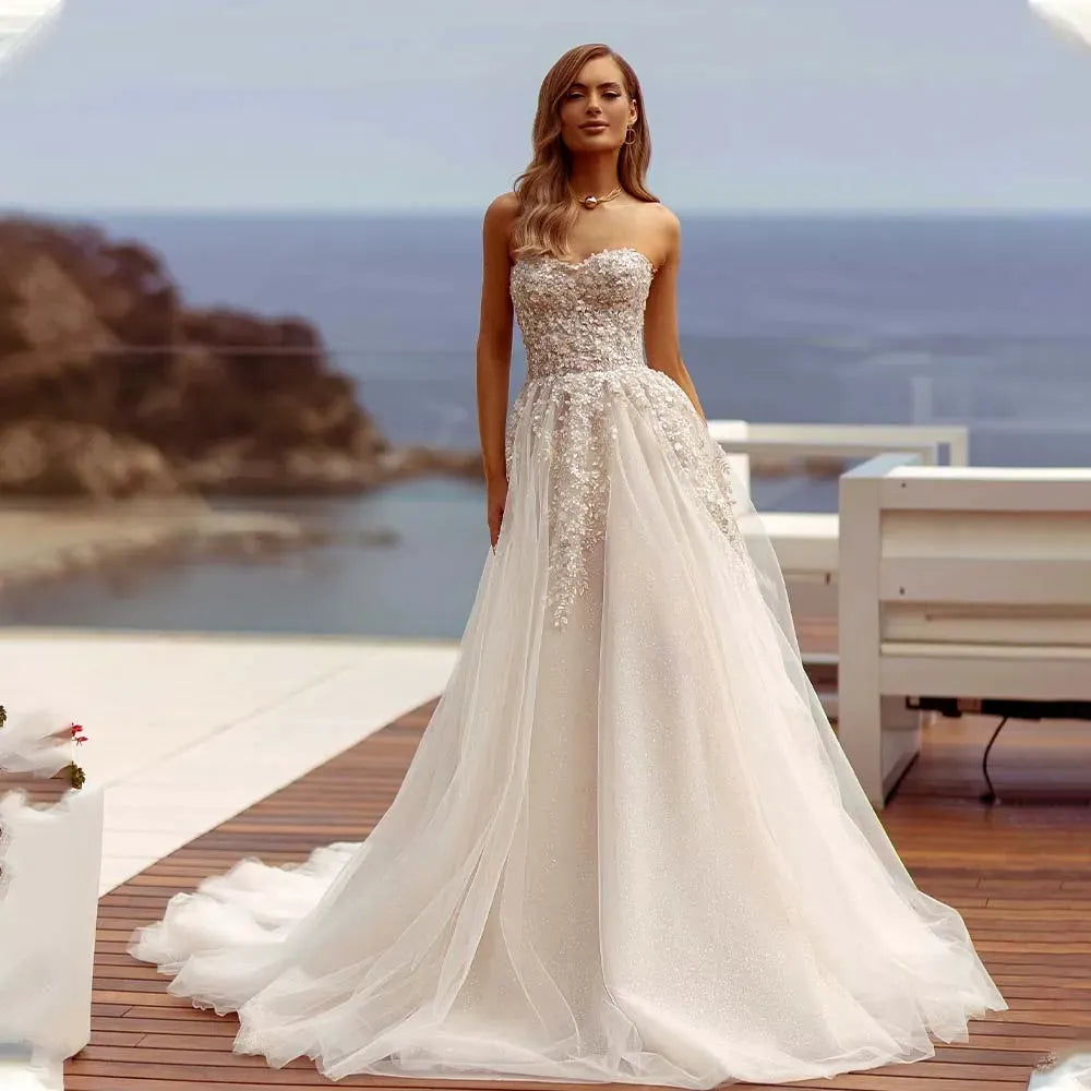 Elegant Wedding Dresses A-line Exquisite Lace Applique Off Shoulder Sleeveless Fluffy Princess Style Bridal Gown Custom Made 14W