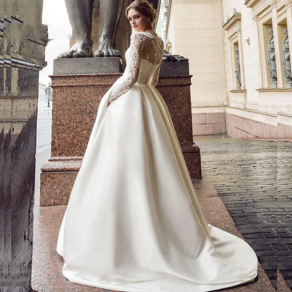 Luxury Wedding Dresses for Women Long Sleeves O-neck A-line Bridal Gowns Lace Satin Court Train Custom Made Vestidos De Novia