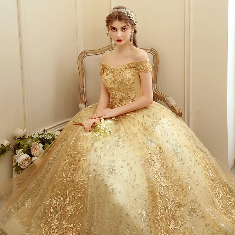 Off The Shoulder Party Gold Quinceanera Dress 2024 New Prom Dress Ball Gown Vintage Lace Quinceanera Gown Custom Plus Size