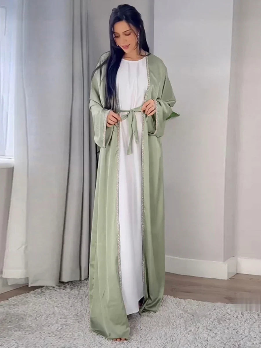 Open Kimono Dubai Abaya Chic Diamonds Solid Full Sleeve Cardigan Belted Clothing Elegant Casual Moroccan Women Caftan Light Green Abaya