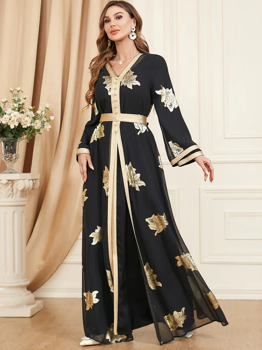 Elegant Casual Chiffon Turkish Abayas For Women Muslim 2 Pieces Set Gold Stamping Full Sleeve Belted Kaftan Gorgeous Party Style Black Dress