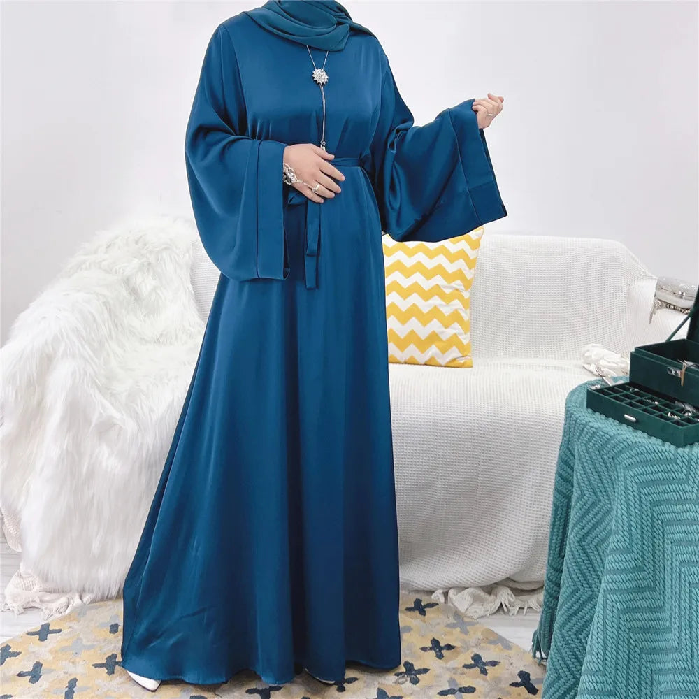 Elegant Shiny Satin Abaya Modest for Women Muslim Eid Dress Ramadan Kaftan Arabic Long Robe Dubai Femme Islamic Jalabiya Vestido 12 teal