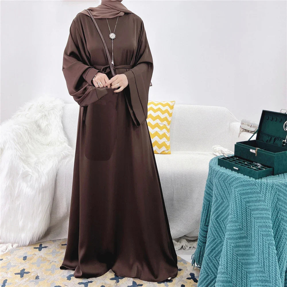 Elegant Shiny Satin Abaya Modest for Women Muslim Eid Dress Ramadan Kaftan Arabic Long Robe Dubai Femme Islamic Jalabiya Vestido 10 coffee