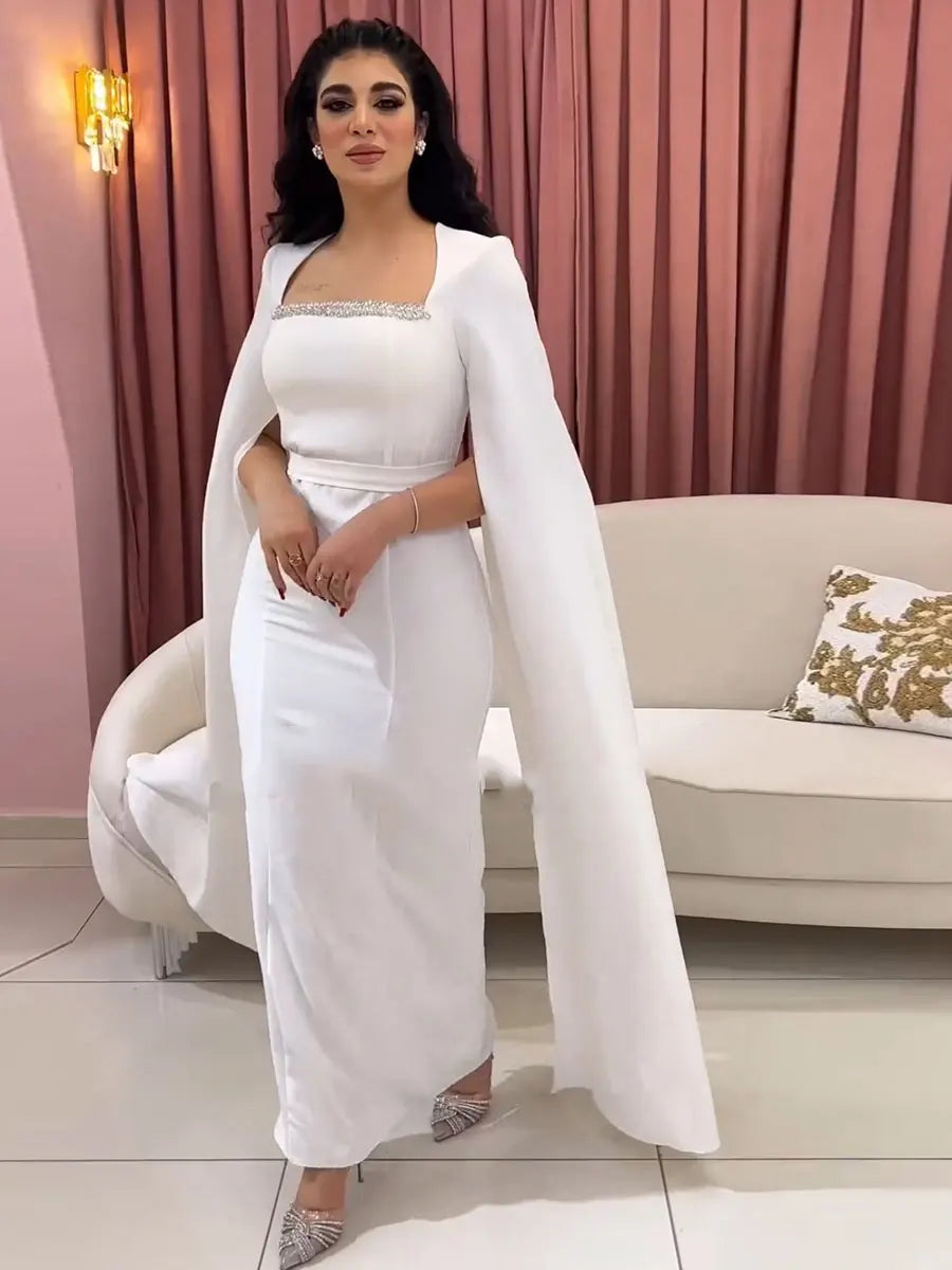 Dubai Turkish Solid Luxury Diamonds Women Gown Arab African Abayas Super Long Sleeve Evening Party Dress Saudi Clothing White Dress