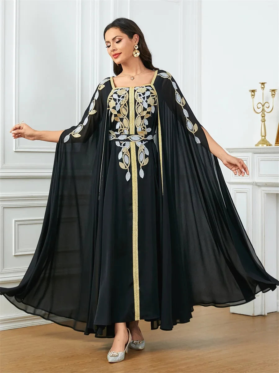 Elegant Casual Super Long Sleeve Party Gown Moroccan Saudi Appliques Belted Dresses Turkish African Abayas Arab Kaftan Black Dress