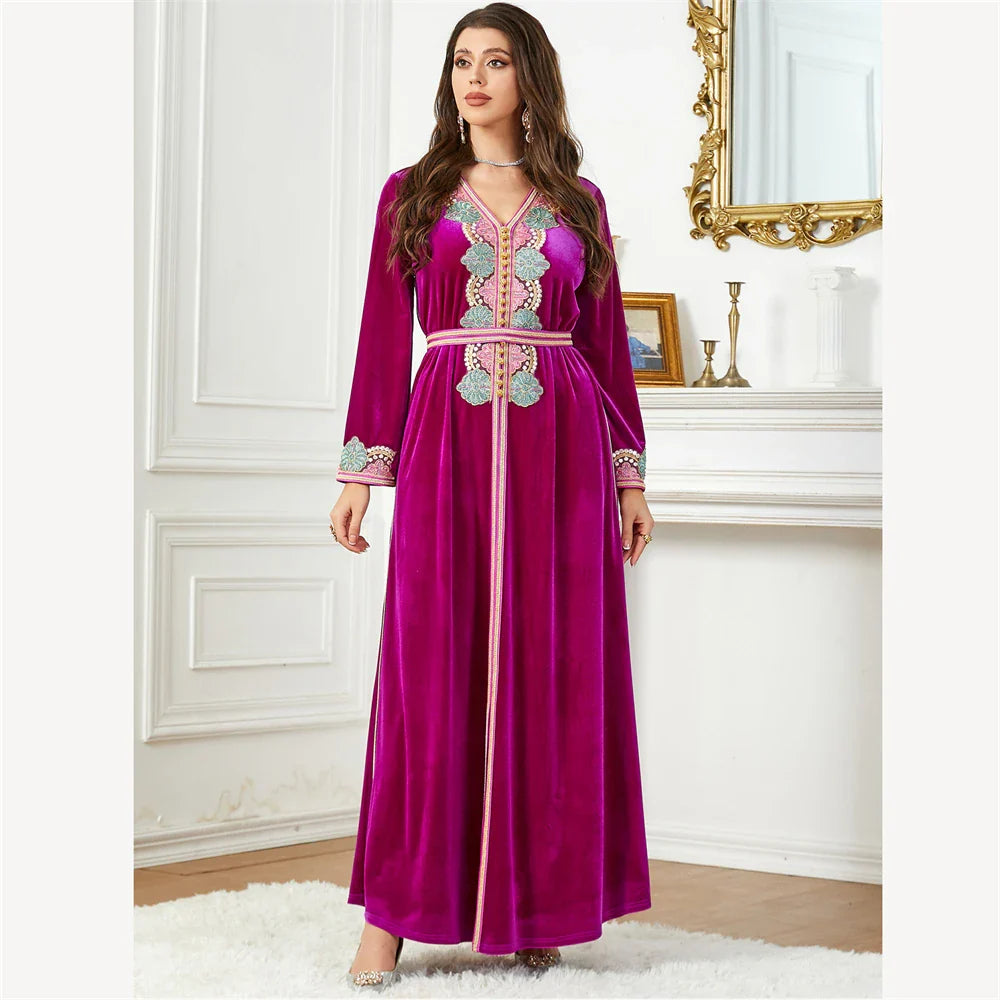 Velvet Autumn Winter Morocco Luxury Muslim Women Abaya V-neck Maxi Dress Turkey Arabic Islamic Kaftan Dubai Evening Party Kaftan 002-2 Rose Red