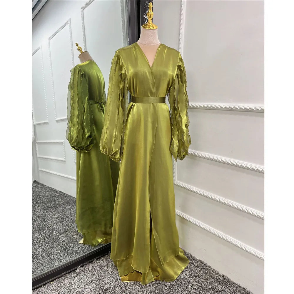 2024 Summer Elegant Women Muslim Open Abayas Cardigan Long Maxi Dresses Turkey Kimono Ramadan Kaftan Arab Robe Belt Dubai Caftan 05 Green