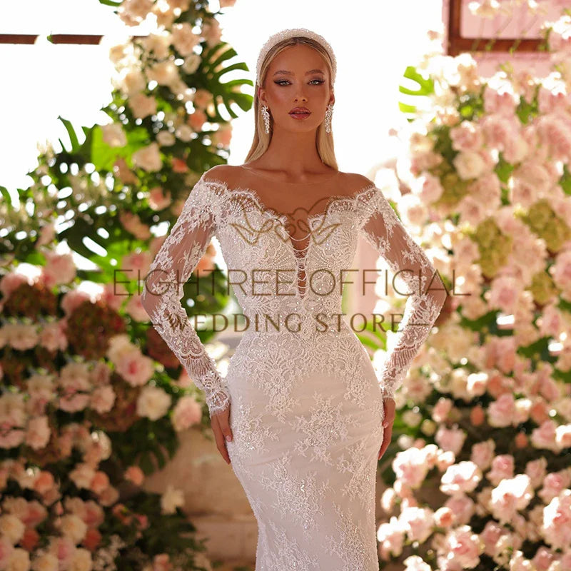 Mermaid Wedding Dresses Off The Shoulder Long Sleeves Lace Bridal Dress Elegant Wedding Prom Ball Gowns Customized