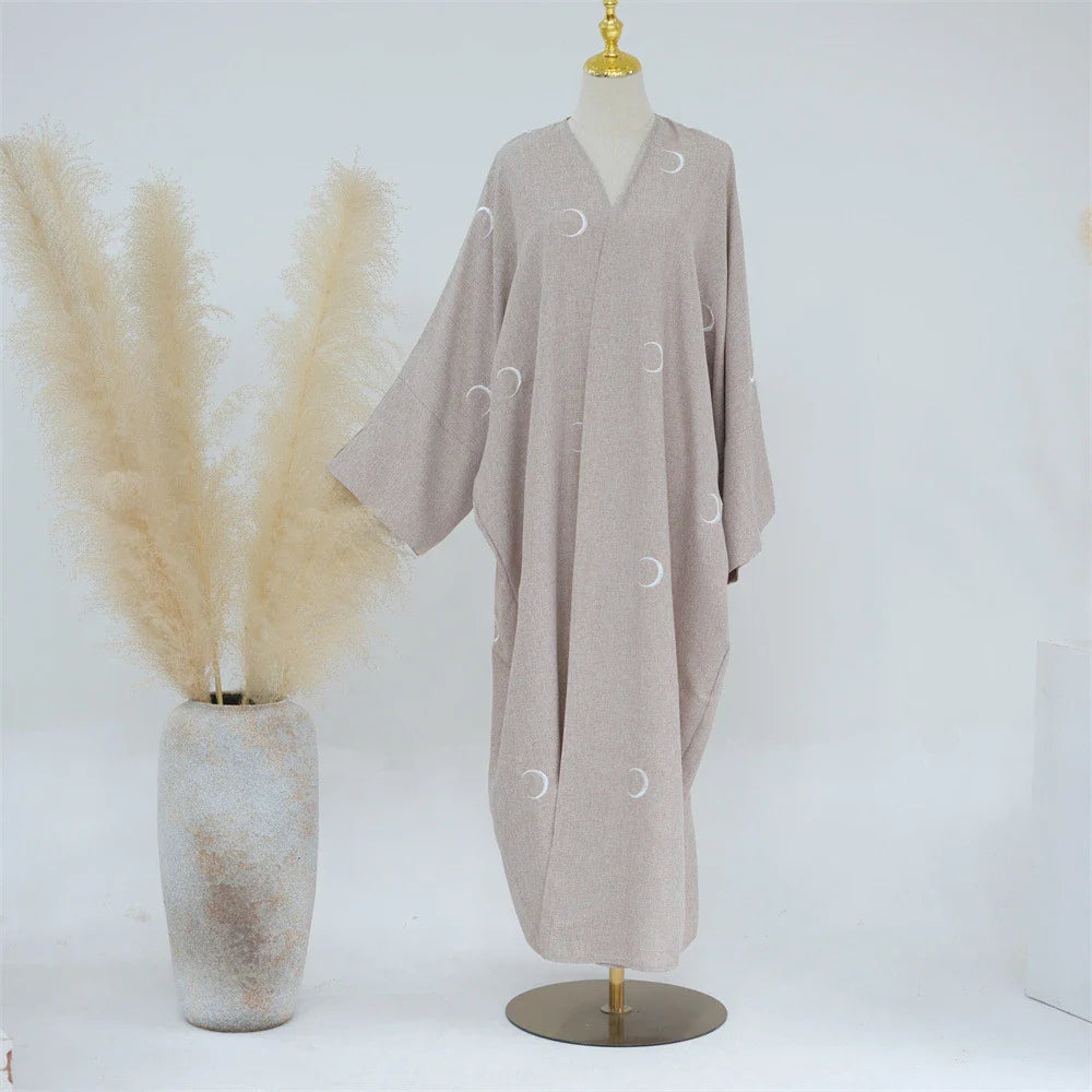 Love Embroidery Open Abaya Kimono Long Maxi Dress Coat Hijab Muslim for Women Islam Modest Clothing Eid Party Turkish Dubai Robe 043-2Moon Beige