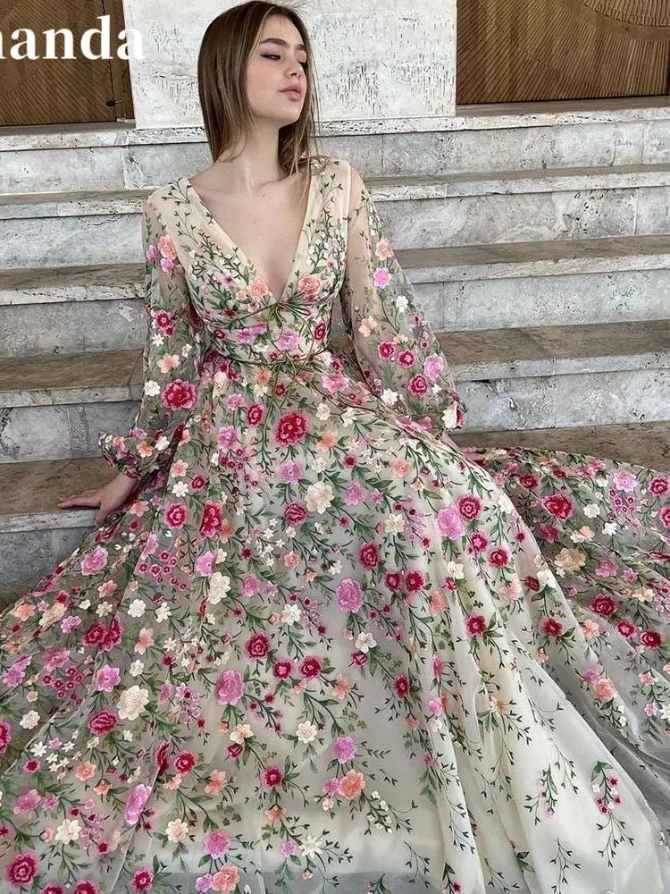 Princes Wildflower Reverie Gown Sweet 3D Flower Prom Dress Fairy A-line Puffy Sleeve Party Dress فساتين مناسبة رسمية as pic