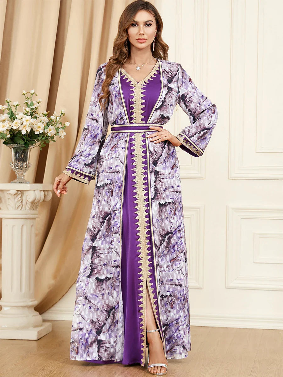 Muslim Abaya Satin 2 Piece Set Chic Printing Full Sleeve V-Neck Belted Robe Moroccan Caftan Ramadan Islamic Clothing Purple Dress