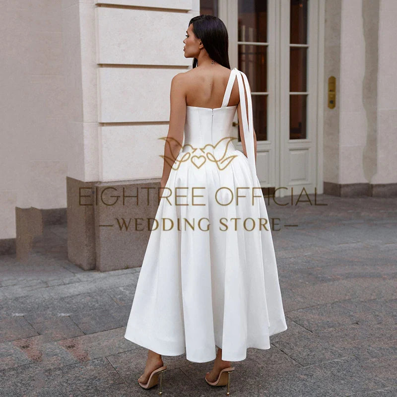 White Short Wedding Dresses One Shoulder Tea Length Flower Bridal Dress Formal Evening Wedding Prom Gowns Customized