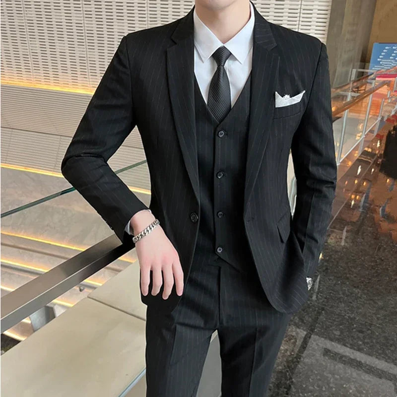 Suit Jacket Vest Pants 3 Pcs Set / 2023 Fashion New Men's Casual Business Solid Color Slim Fits Blazers Coat Trousers Waistcoat black 1