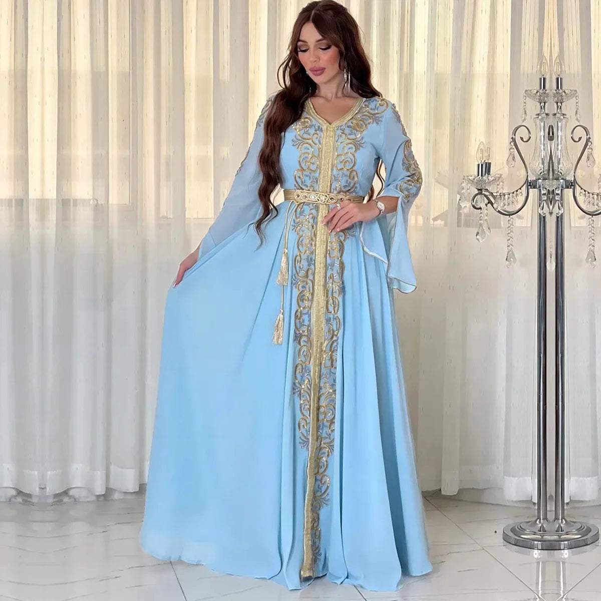 Dubai Women Abaya Caftan Kaftan Ramadan Gurban Festival Arab Embroiled Decal Dress Museum Party Dinner Robe Wedding Kaftan light blue