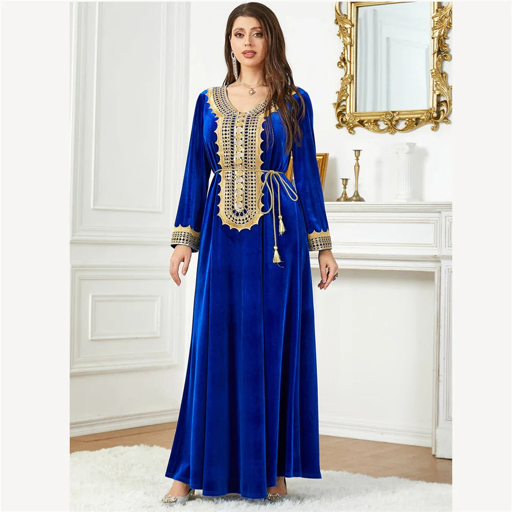 Velvet Autumn Winter Morocco Luxury Muslim Women Abaya V-neck Maxi Dress Turkey Arabic Islamic Kaftan Dubai Evening Party Kaftan 005-1 Blue