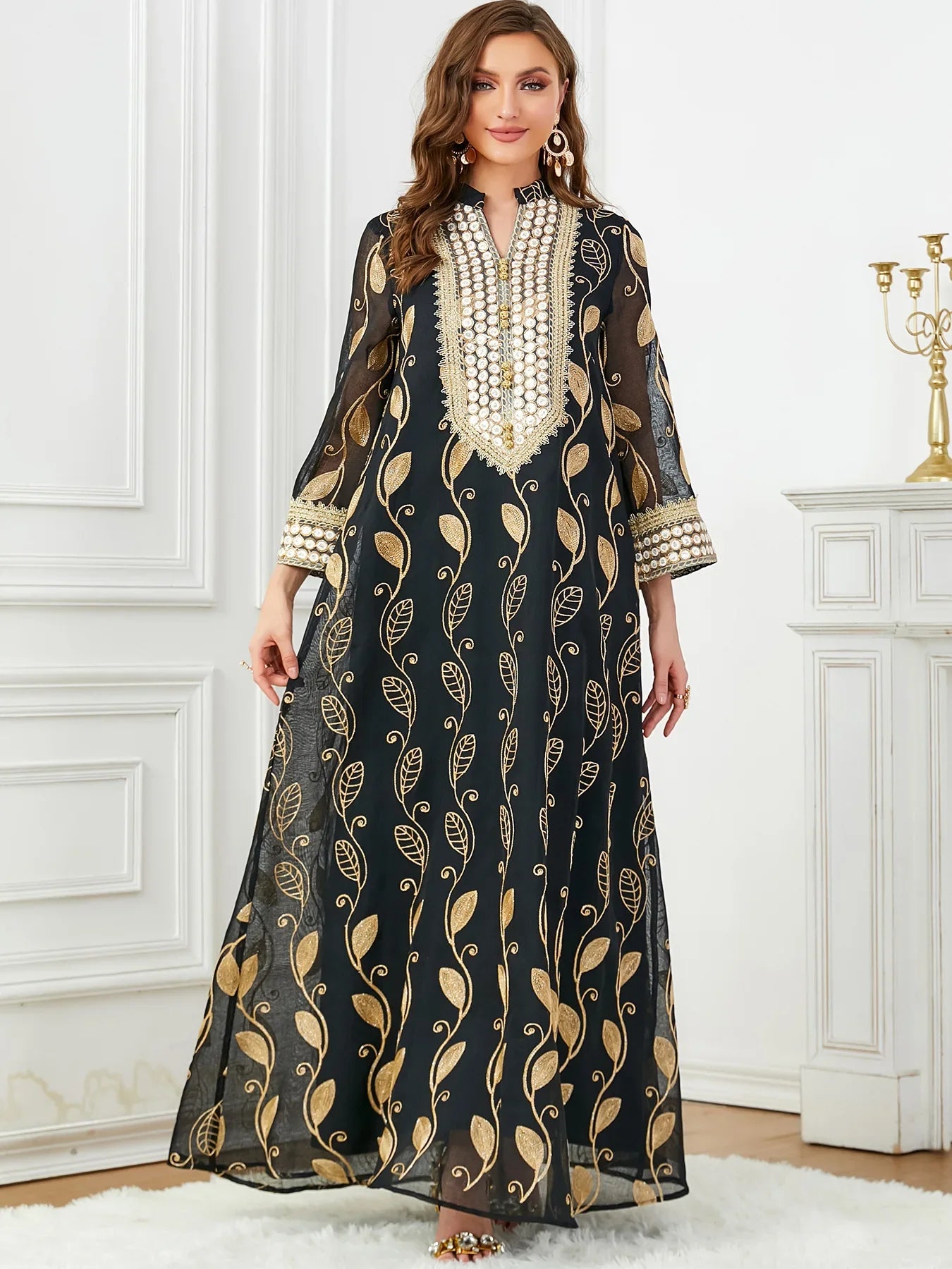 Arab Dubai Mesh Embroiled Dress Museum Fashion Party Evening Dress Women's Wear Abaya Dubai Luxury Kaftan Islam Dresses Summer Black