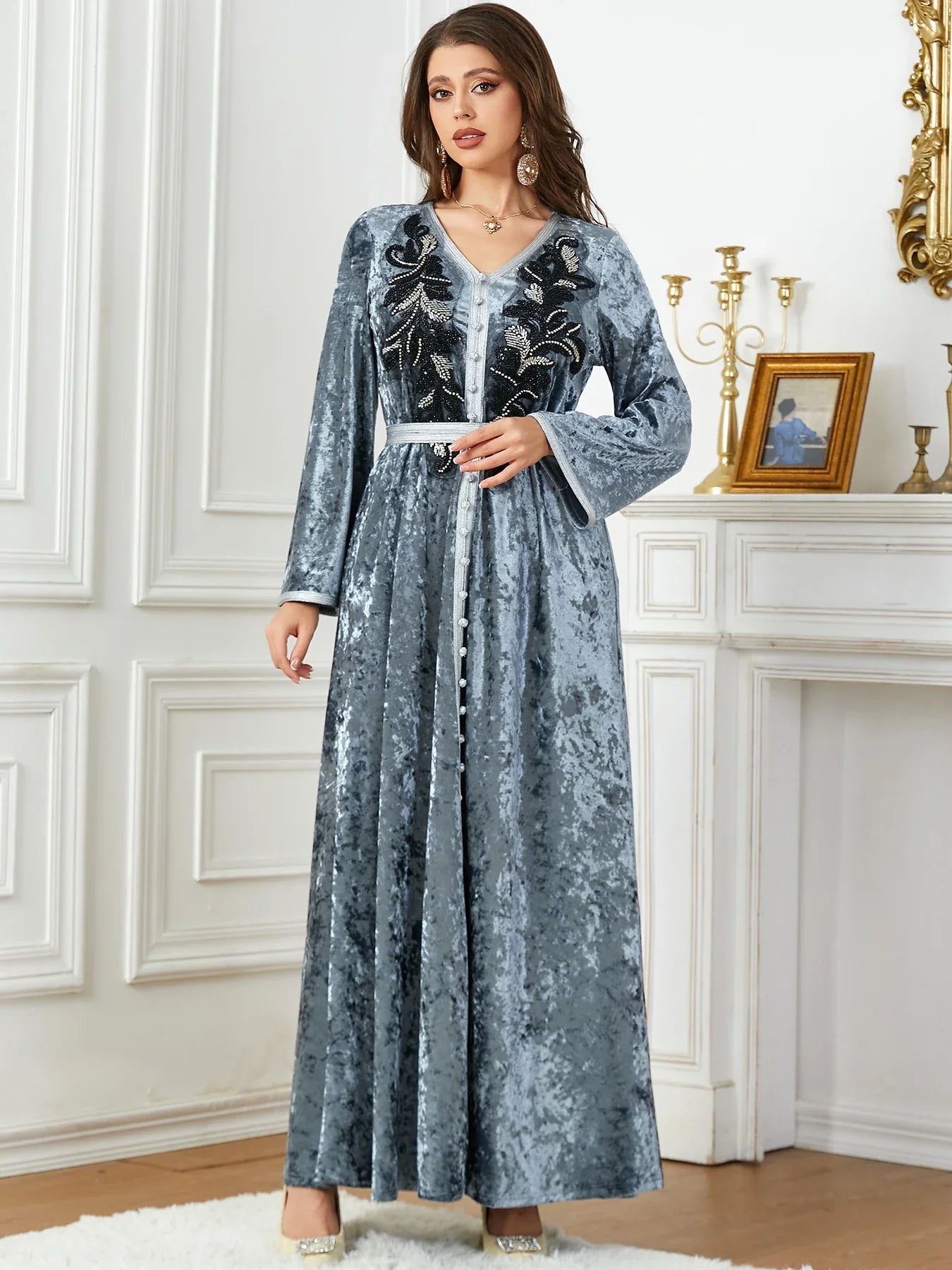 Velour Kaftan Dubai Moroccan Belted Arabic Dress Evening Party Winter Abaya Islamic Clothing Embroidery Appliques Muslim Women