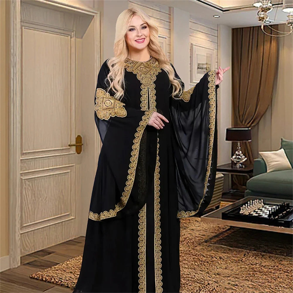 Two Piece Set Dress African Dresses for Women 2024 Traditional Gold Embroidery Clothing Islam Kaftan Abaya Musulman Robe Femme