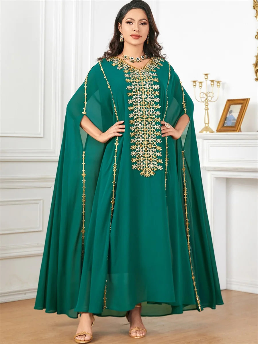 Fashion Elegant Solid Appliques Party Long Dresses Moroccan Kaftan Islam Clothing Turkish African Abayas Super Sleeve Green Dress One Size