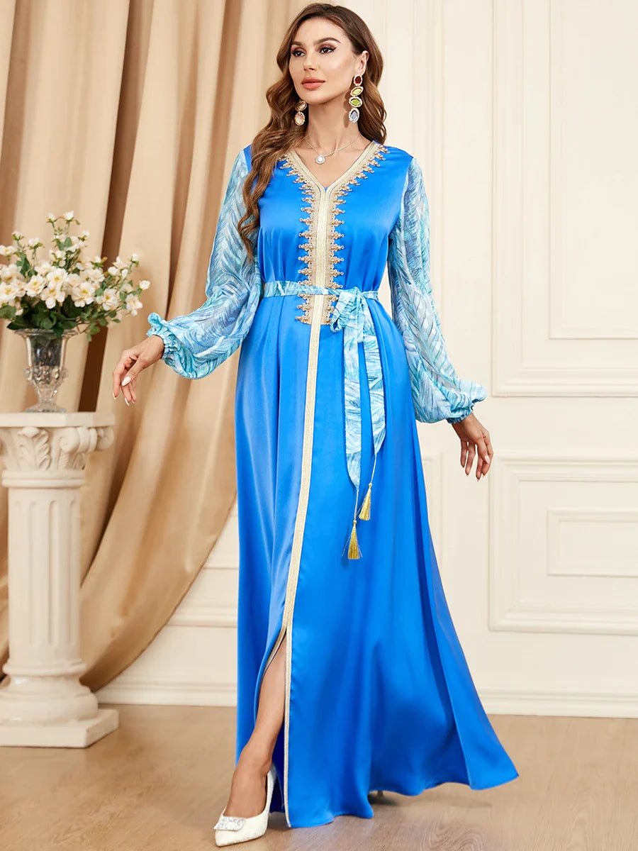 Dubai Dress Abaya For Party Muslin V-neck Kaftan Eid Mubarak Long Dress Turkey Muslim Moroccan Caftan Fashion Evening Dress Blue