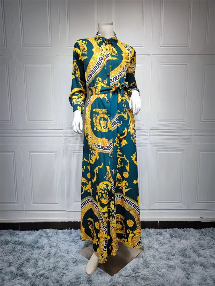 Ethnic Print Maxi Dresses for Women Single-breasted Lapel Shirt Dress Dubai Turkey Arabic Oman Middle East Clothing 2021 New dark green dress