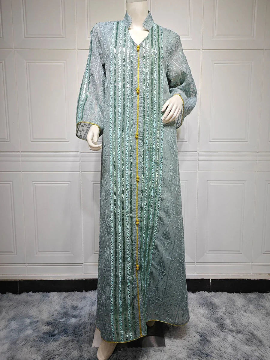 Dubai Fashion Sequins Embroidery Abaya Chic And Elegant Women Evening Dress Long Sleeve Notched V-Neck Casual Robe 2024 Green Dress