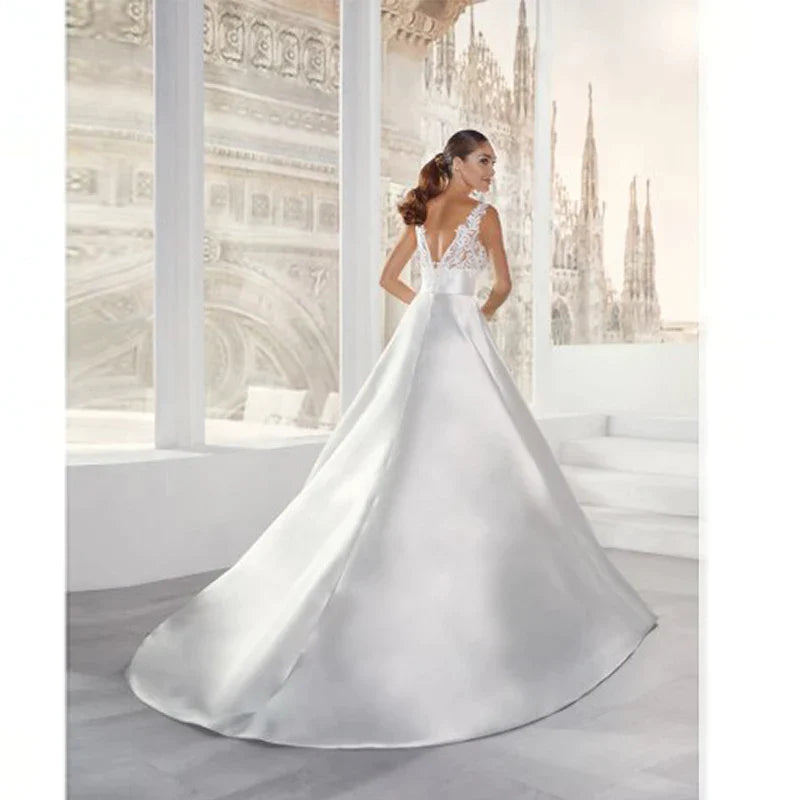 Wedding Dresses Elegant A-Line Regular Straps Modern Satin Lace Applique Backless Bridal Gown Vestidos De Novia