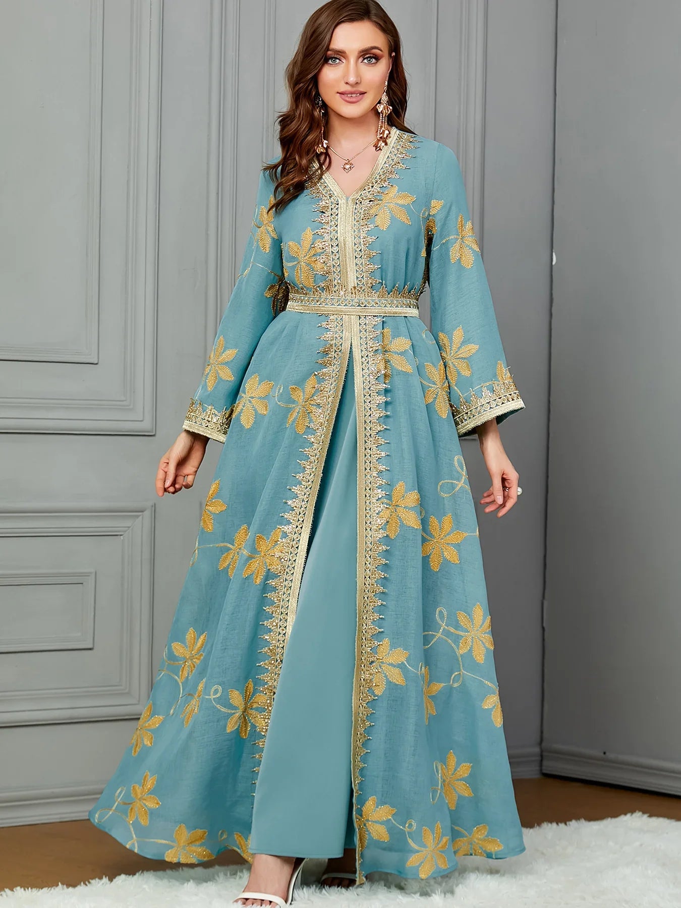 Fashion Abaya Marocain Femme For Uae Dubai Kuwaiti Women's Jalabiyat 2 Piece Set Full Sleeve Belted Gown Evening Dress Light Green Dress