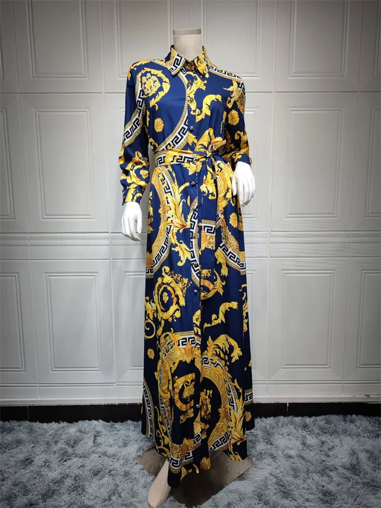 Ethnic Print Maxi Dresses for Women Single-breasted Lapel Shirt Dress Dubai Turkey Arabic Oman Middle East Clothing 2021 New dark blue dress