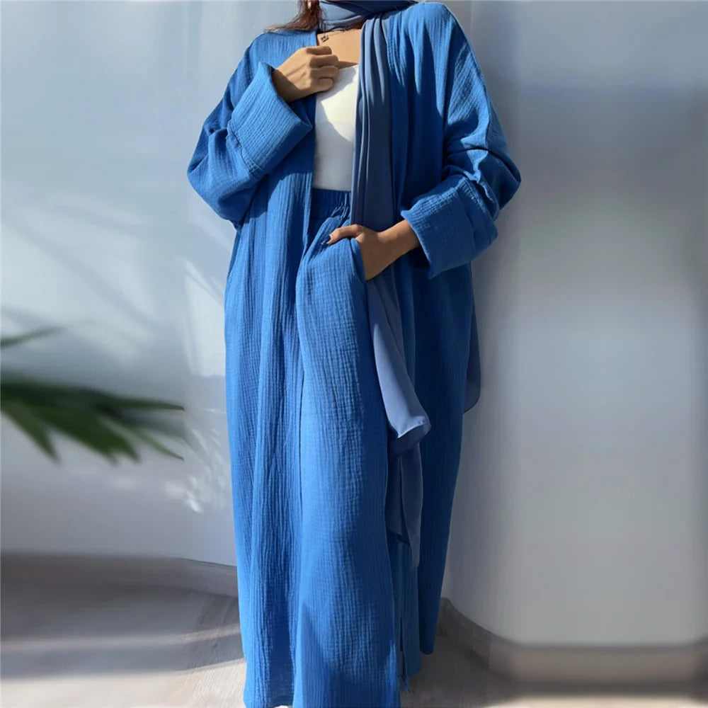 Open Abayas Kimono Muslim Women Cardigan Maxi Dress Islamic Clothing Dubai Saudi Robe Casual Kaftan Ramadan Eid Outwear Jalabiya 117-6Kimono Pant Set