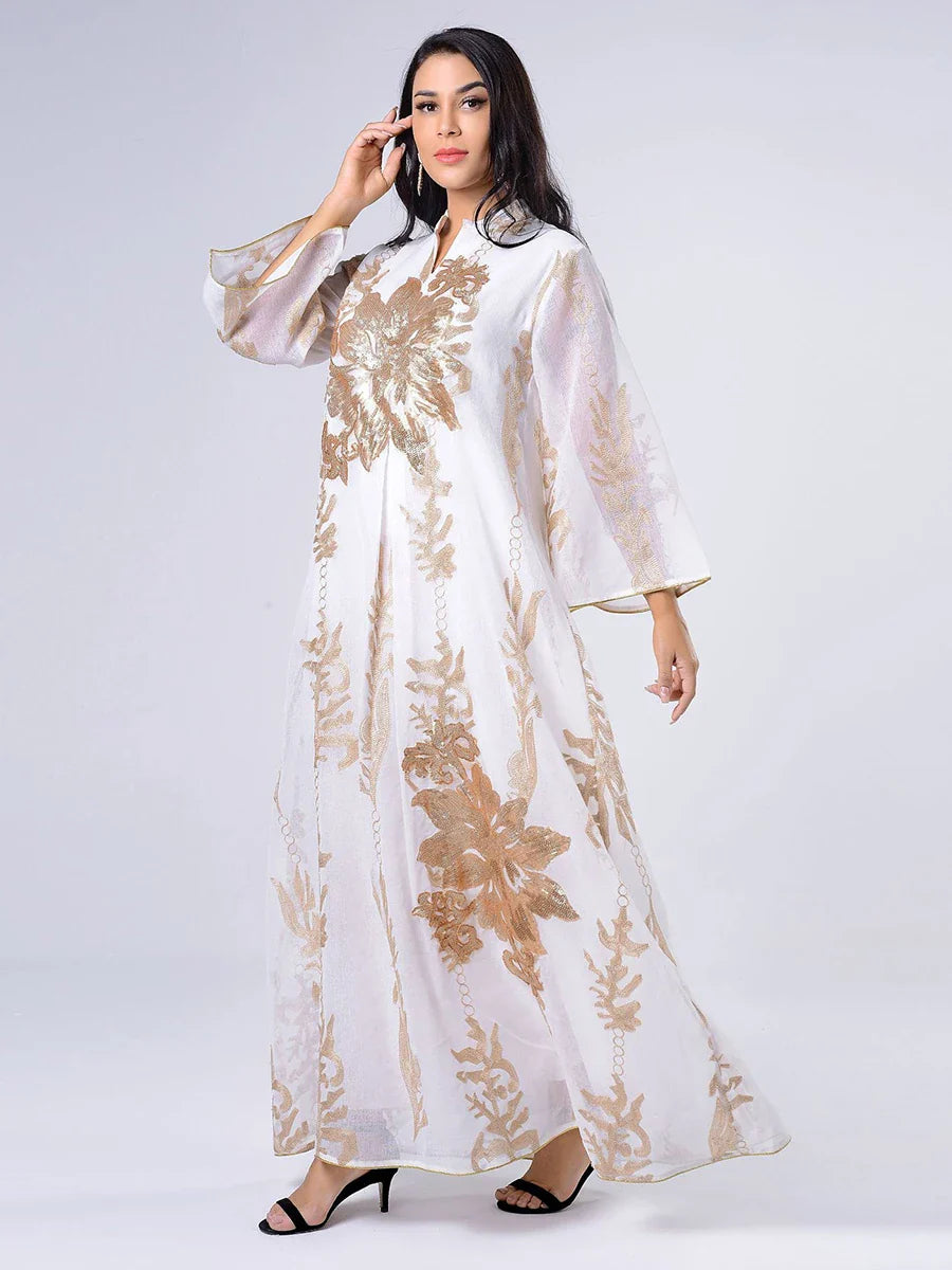 Sequins Embroidered Abaya Dress For Women Moroccan Kaftan Turkey Arabic Jalabiya White Islamic Ethnic Robe 2023 Eid New White Dress