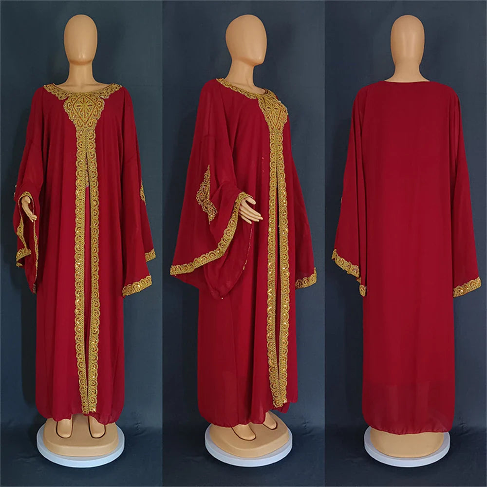 Two Piece Set Dress African Dresses for Women 2024 Traditional Gold Embroidery Clothing Islam Kaftan Abaya Musulman Robe Femme 03 Red One Size