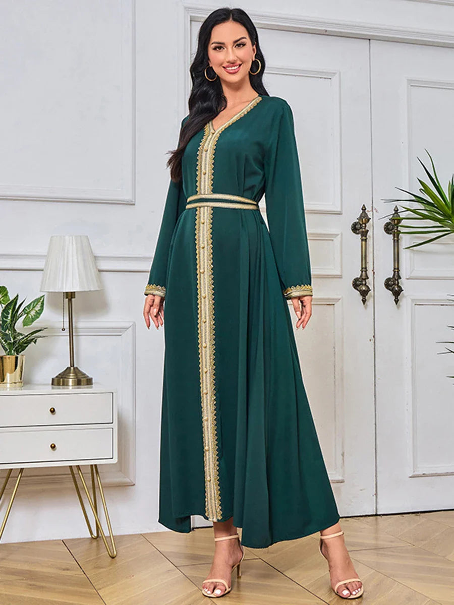 Fashion Solid Abaya Islamic Tape Trim Full Sleeve V-Neck Belted Clothing Elegant Casual Moroccan Kaftan For Women Deep Green Dress