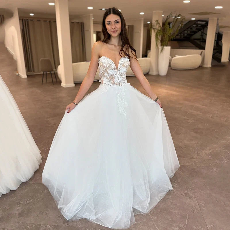 Women A-Line Wedding Dresses Sweetheart Princess Lace Bride Dress Boho Beach White Wedding Prom Gowns Custom Made WHITE