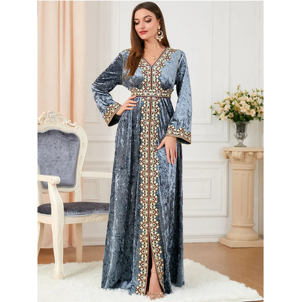 Velvet Autumn Winter Morocco Luxury Muslim Women Abaya V-neck Maxi Dress Turkey Arabic Islamic Kaftan Dubai Evening Party Kaftan