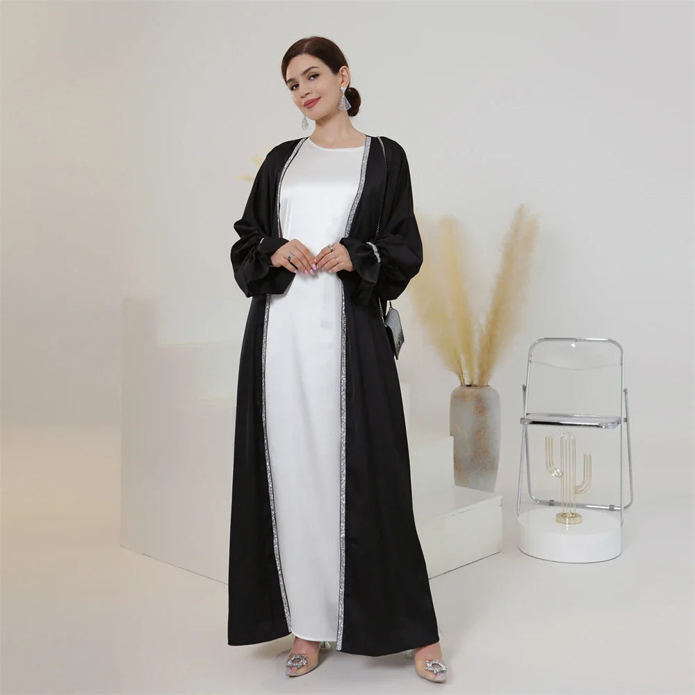 2 Piece Matching Open Abayas with Inner Dress Set Luxury Diamond Turkey Arabic Kimono Muslim for Women Dubai Islam Outfit Caftan 05 Black Set