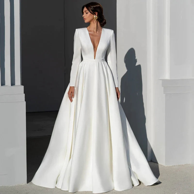 Elegant Simple Wedding Dresses For Women V-Neck Backless Sexy Bridal Gowns Satin Long Sleeve Robe A-Line Vestidos De Novia 14W