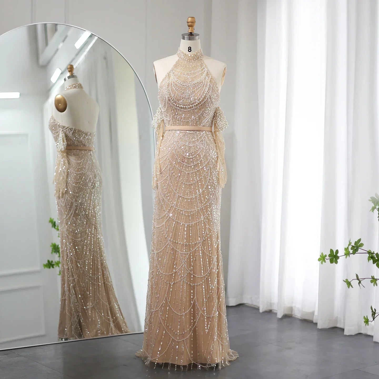 Luxury Dubai Nude Mermaid Evening Dresses with Gloves Sexy Halter Arabic Women Wedding Formal Party Gowns SS289 Champagne