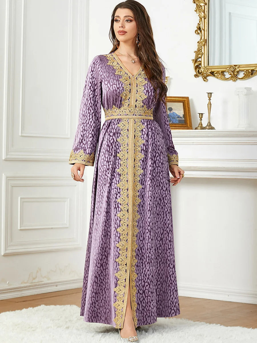 Purple Water Ripple Tape Trim Autumn Winter Velvet Evening Gown Kuwaiti Saudi Dubai V-Neck Belted Muslim Ramadan Dress Purple Dress