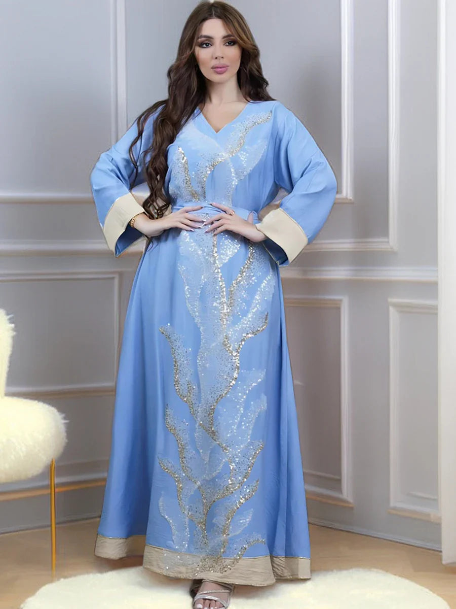 Galabia Saudi Party Sequins Belted Dress Moroccan Dubai Turkish Abayas Long Sleeve V-Neck Turkish Kaftan Islam Clothing Sky Blue Dress