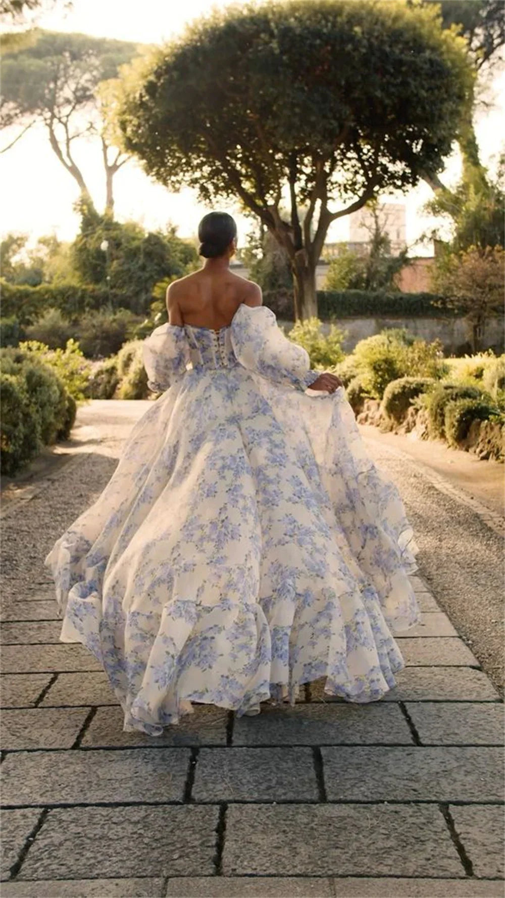 Puffy Sleeve Printing A-line فساتين السهرة Sweet Blue Organza Vestidos De Noche Romantic Strapless Long Tail Prom Dresses