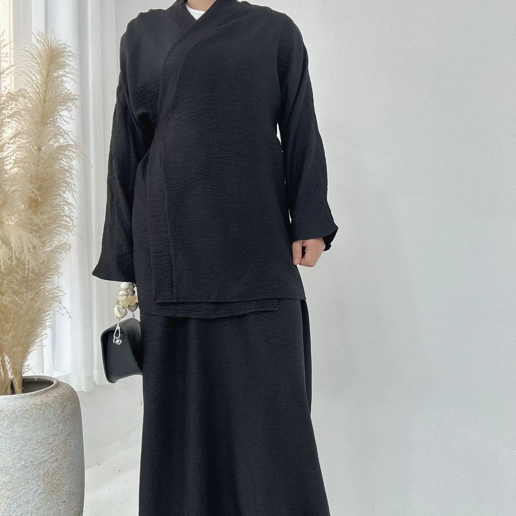 Fashion Modest Muslim Matching Set 2 Piece Dress Women Kimono Lace Up Tops Skirt Suit Dubai Turkey Kaftan Abaya Ramadan Outfits 03 Black