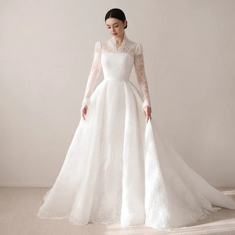 Elegant Princess Wedding Dresses Women A-Line Long Sleeve Lace Wedding Gown Boho Bridal Ball Prom Dress Customized