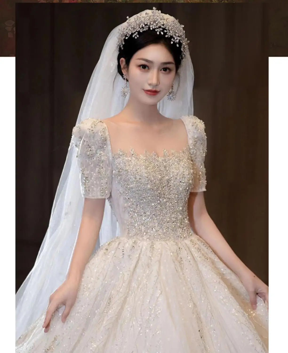 Short Sleeve Beading Wedding Dress New Luxury Big Train Bride Dresses Tuller Ball Gown Wedding Dresses Vestido De Noiva